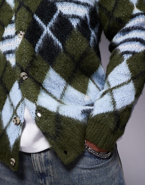 ASOS DESIGN fluffy knitted cardigan with argyle pattern in blue