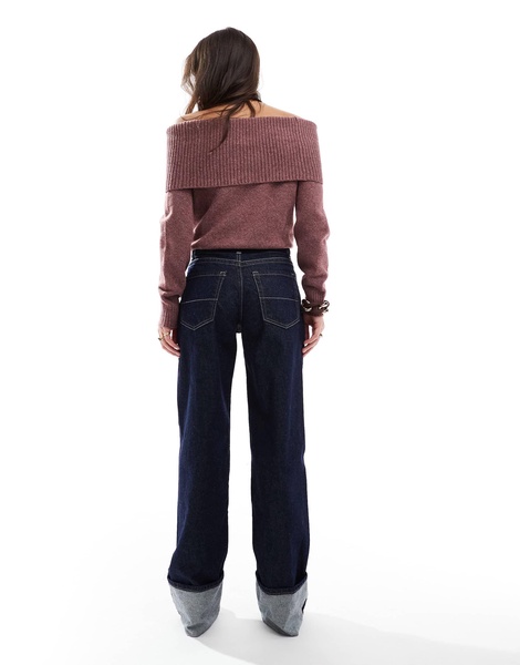 Bershka turn up wide leg jeans in dark wash