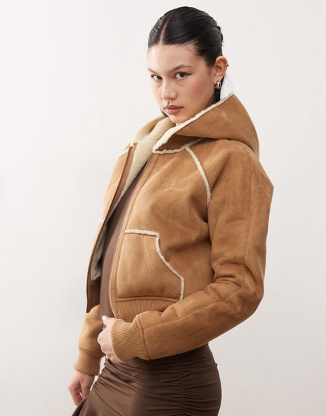 Guess Originals faux suede zip up jacket in light brown with fur lining and trim