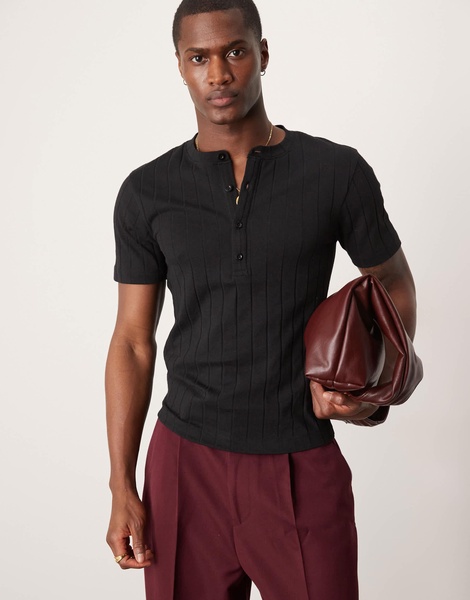 ASOS DESIGN muscle fit ribbed T-shirt with henley neck in black
