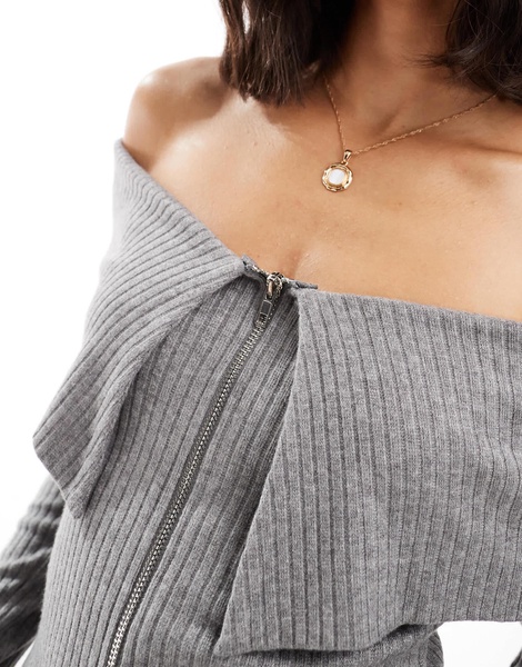 Brave Soul long sleeve off shoulder zip front sweater in gray