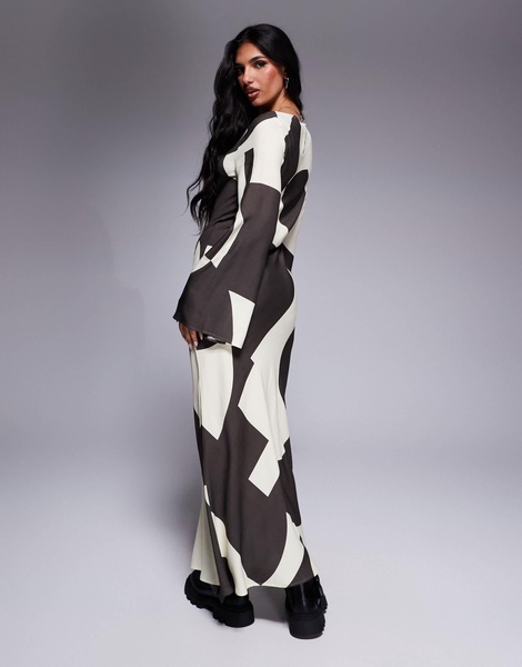 ASOS DESIGN biased slash neck maxi dress in brown abstract print