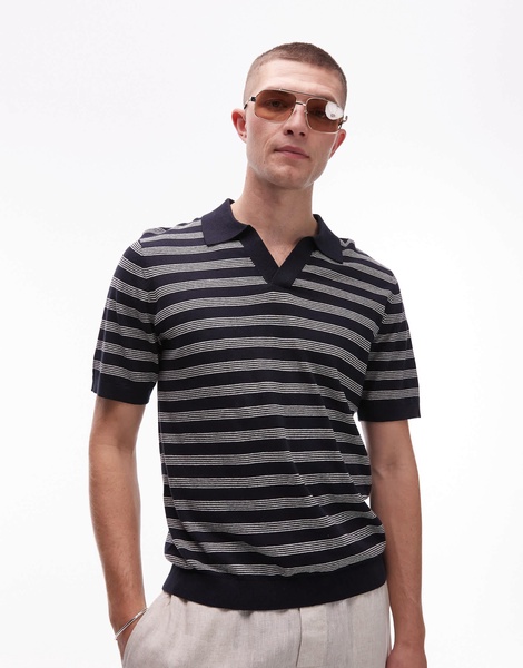 ARKET cotton linen knitted shirt sleeve polo shirt in stripes