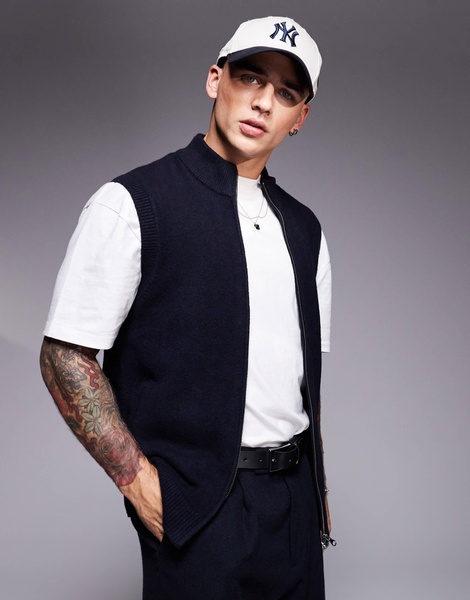 ASOS DESIGN knitted zip thru tank with funnel neck in navy