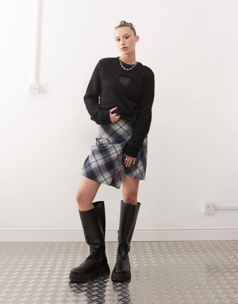 Monki fluffy sweater with cut out heart in black