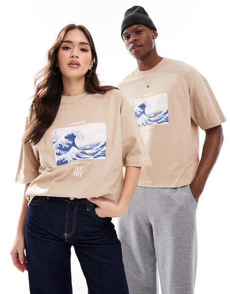 ASOS DESIGN unisex boxy oversized license t-shirt with Hokusai Wave prints in beige