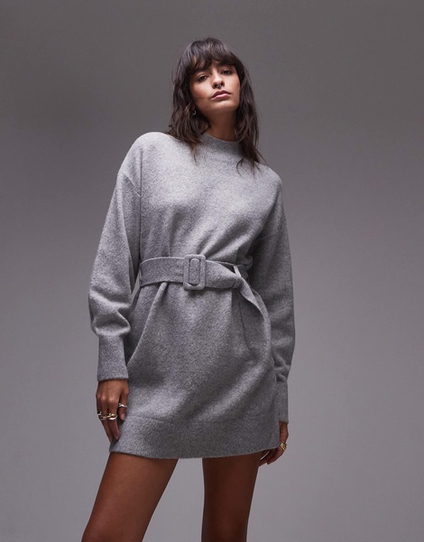 & Other Stories knitted mini dress with belt in gray melange