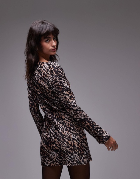 Topshop plisse long sleeve mini dress in leopard print
