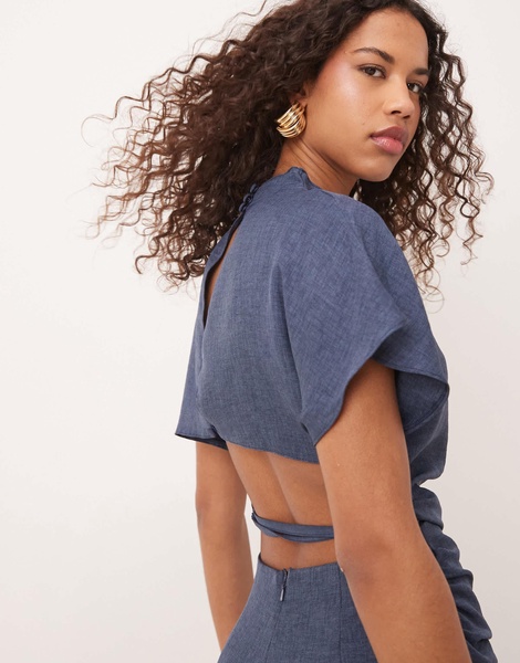 ASOS DESIGN linen look open back and ruched detail jumpsuit in navy