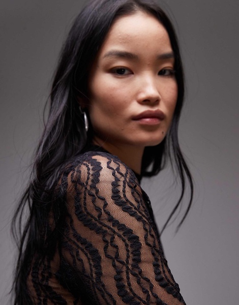 Topshop wave lace high neck top in black