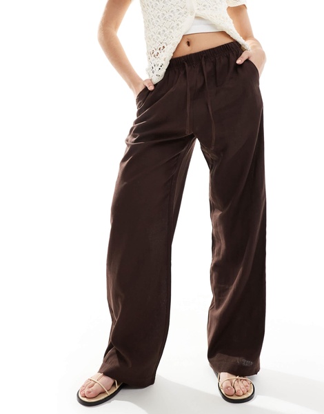 Bershka tie waist wide leg linen pants in brown