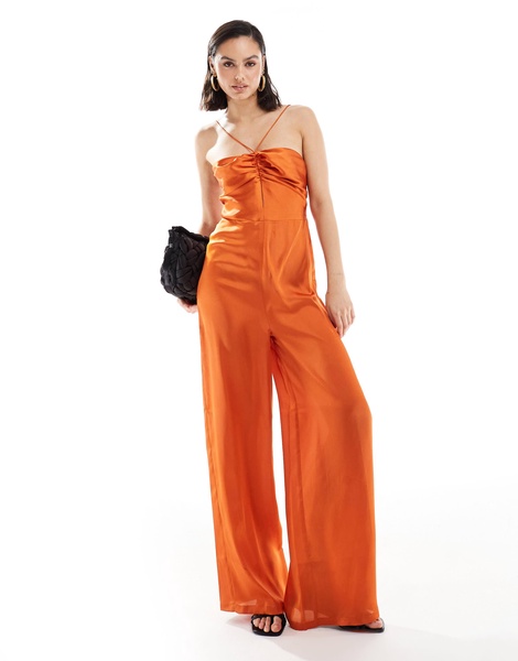 ASOS DESIGN halter tie ruched front straight leg satin jumpsuit in rust