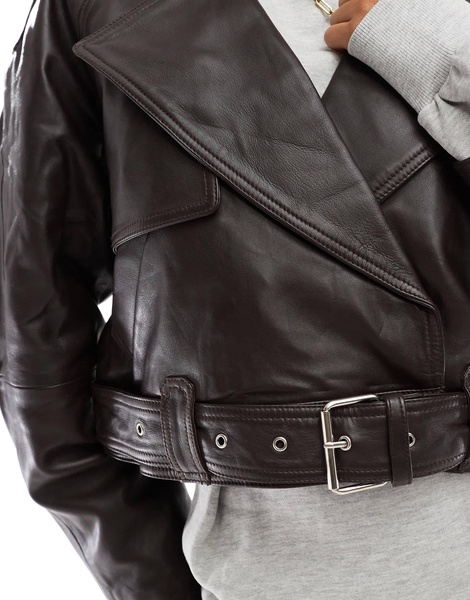 ASOS DESIGN leather oversized cropped trench coat in burgundy