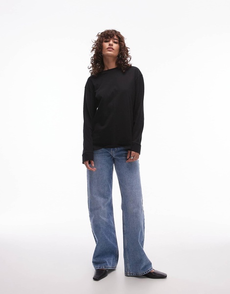 Mango crew neck long sleeve top in black