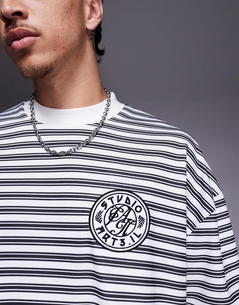 ASOS DESIGN boxy oversized T-shirt with dropped shoulder and chest embroidery in black and white stripe