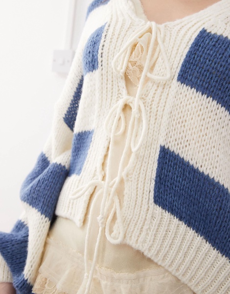 Reclaimed Vintage slouchy tie front cardigan in navy stripe