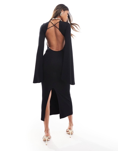 ASOS DESIGN wide sleeve midi dress with cross back detail in black