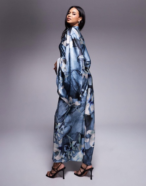 ASOS DESIGN funnel neck satin maxi dress with exaggerated sleeves in blue floral print