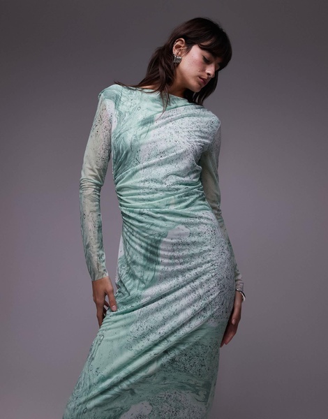 & Other Stories sheer mesh midi dress in green marble print