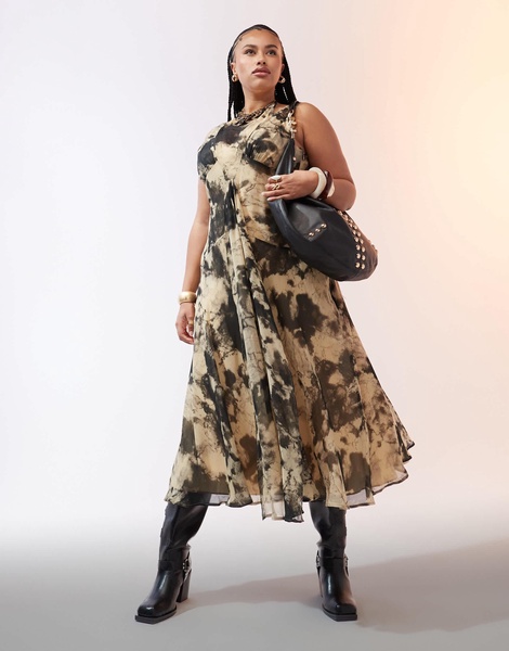 ASOS DESIGN Curve double layer halter midi dress in mustard abstract print