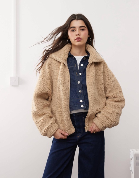 Miss Selfridge teddy zip up long sleeve top in light camel