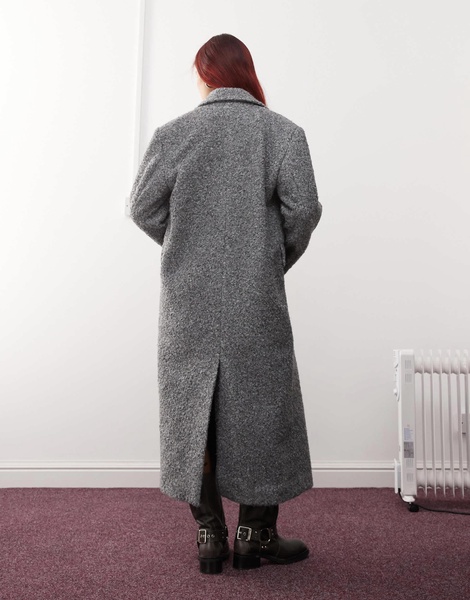 Monki textured long double breasted coat in gray