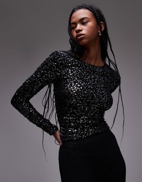 AllSaints Eris long sleeve top in leopard