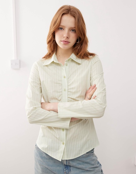 Reclaimed Vintage ruched cinched waist fitted shirt in green stripe
