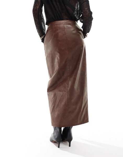 ASOS DESIGN leather look maxi skirt with side slit in washed brown