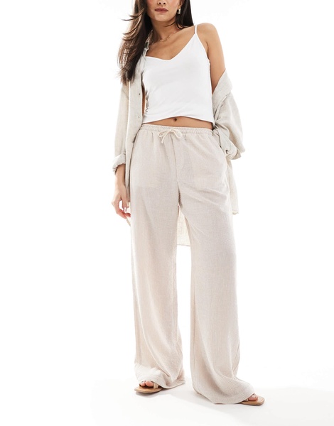 Bershka tie waist wide leg linen pants in ecru stripe