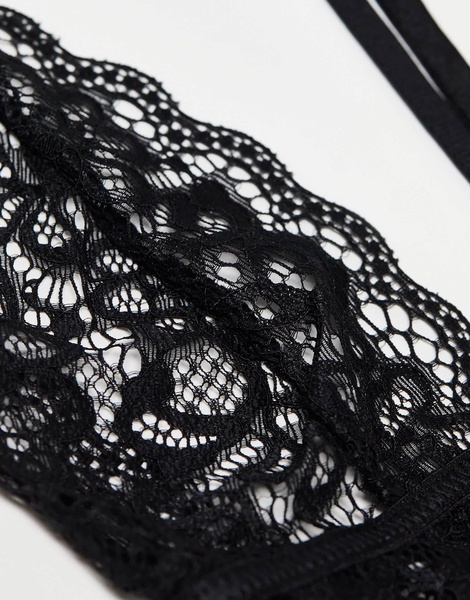Ann Summers Obsession lace and fishnet plunge front crotchless bodysuit with strapping detail in black