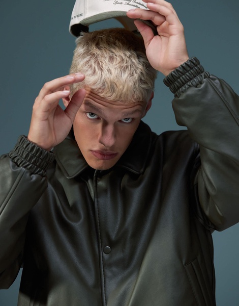 ASOS DESIGN oversized faux leather wadded harrington jacket in khaki