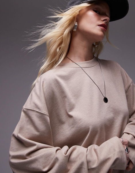Topshop premium seam detail long sleeve skater tee in oat heather