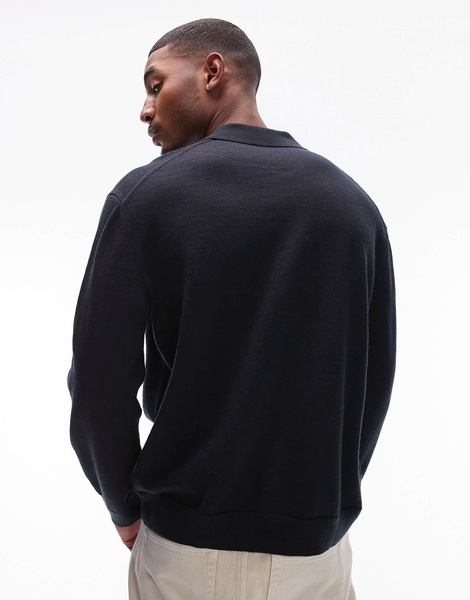 ARKET merino wool knit long sleeve polo shirt in navy