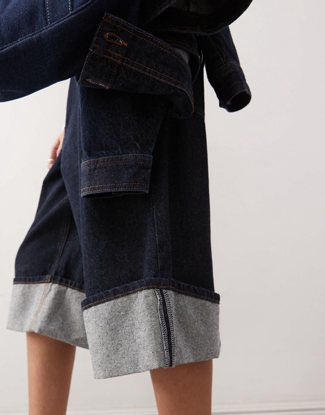 COLLUSION denim turn up culotte in rinse wash