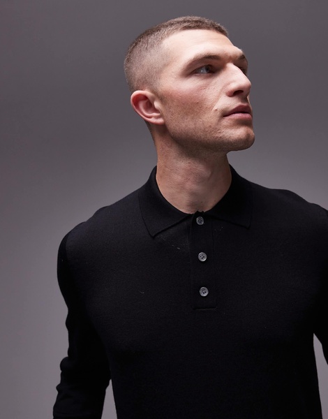 ARKET merino wool knit long sleeve polo shirt in black