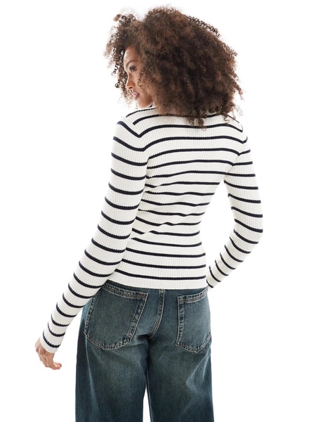 ONLY long sleeve crew neck knit top in beige with navy stripes