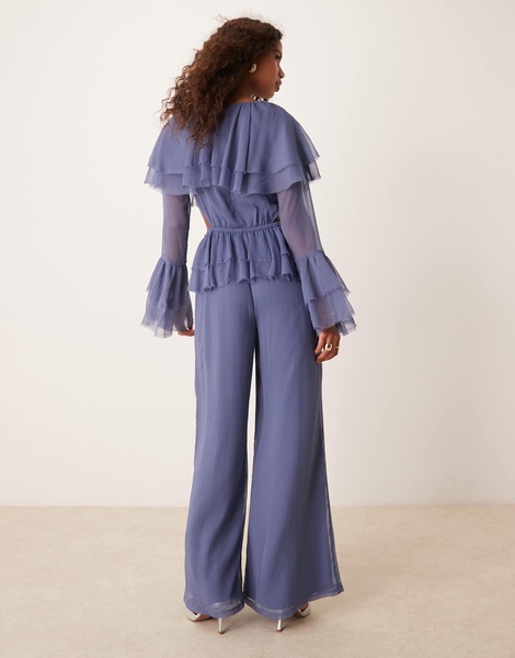 ASOS DESIGN exaggerated ruffle sleeve jumpsuit with cut out waist in blue