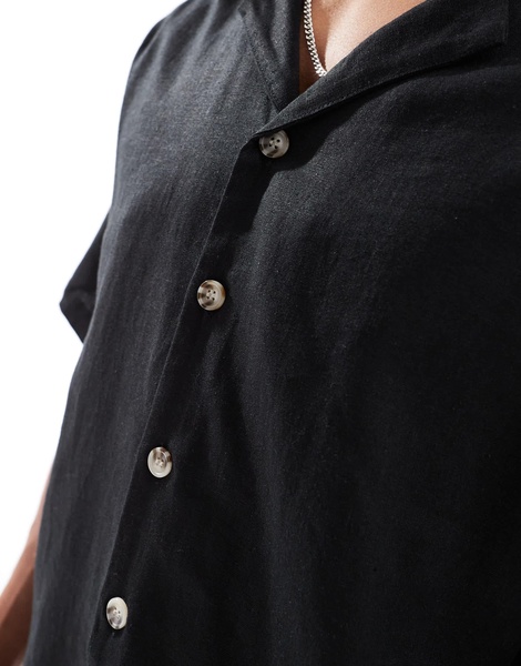 ADPT oversized linen mix revere collar shirt in black