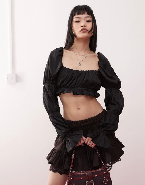 Monki satin ruched puff long sleeve crop top in black