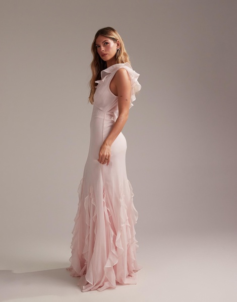 ASOS DESIGN Bridesmaids flutter sleeve bias maxi dress with flare frill hem in soft pink