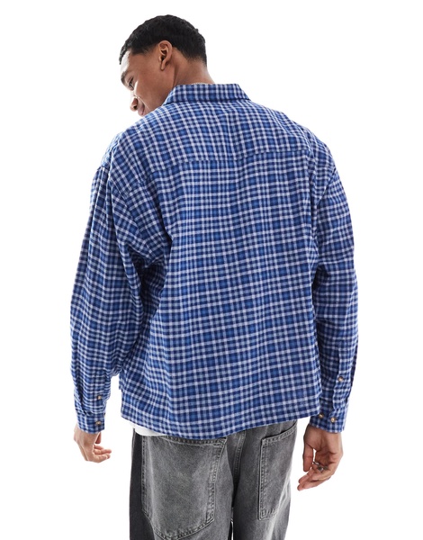 ASOS DESIGN boxy oversized long sleeve shirt in blue dad check