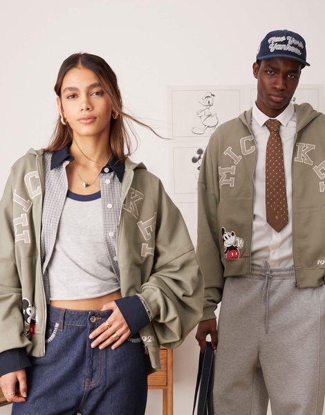 ASOS DESIGN Disney unisex boxy super oversized zip through hoodie with Mickey Mouse prints and embroidery in khaki