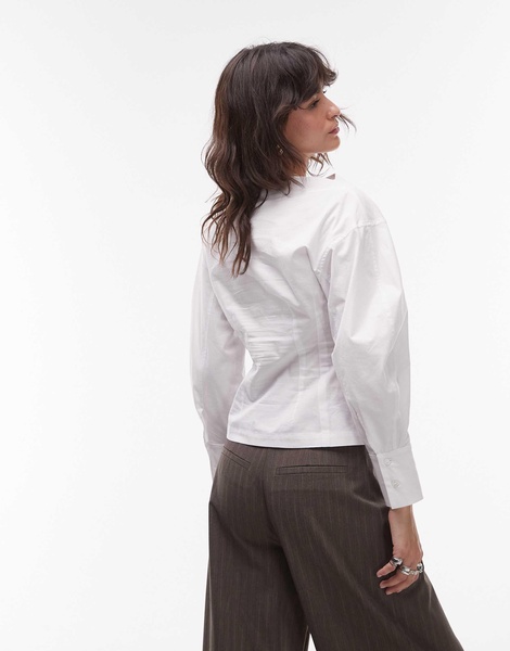 Topshop poplin barrel sleeve cinch top in white