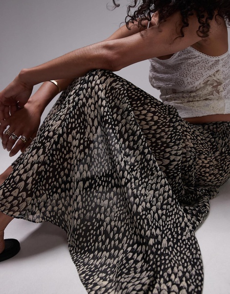 Topshop semi sheer godet maxi skirt in black and white animal geo print