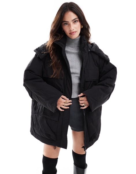 Stradivarius STR multi pocket puffer jacket in black