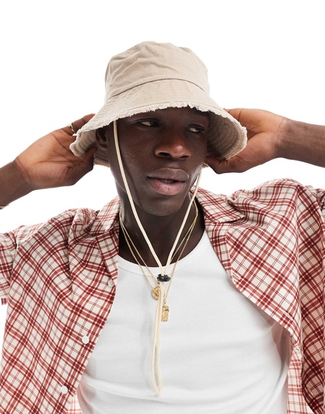 ASOS DESIGN bucket hat with frayed edge in stone