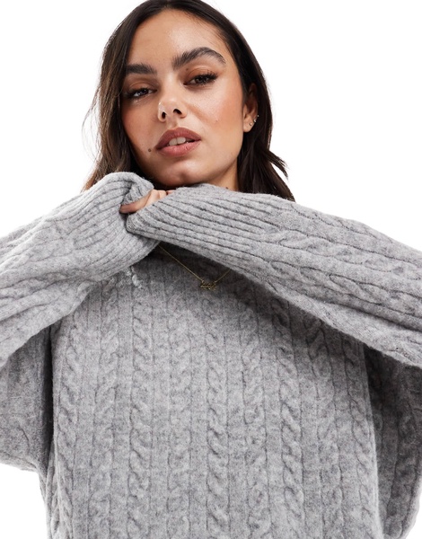 Bershka high neck oversized cable knit sweater in gray