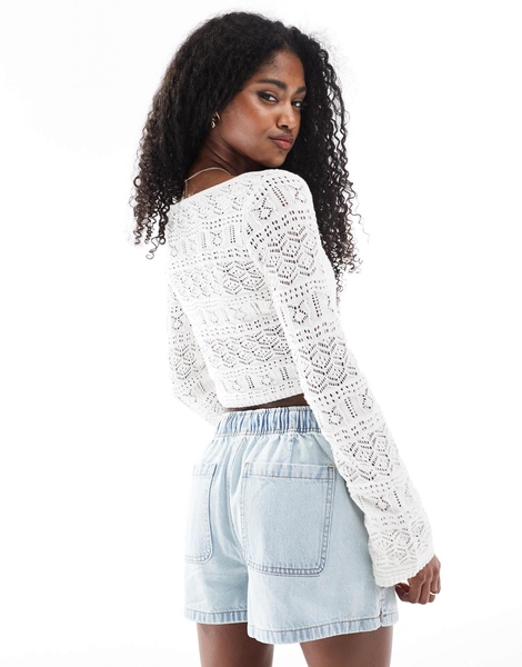 Bershka crochet button front cardigan in ecru