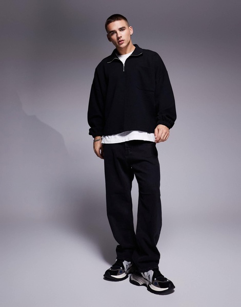 ASOS DESIGN heavyweight oversized dropped shoulder boxy sweatshirt with half zip in black rib